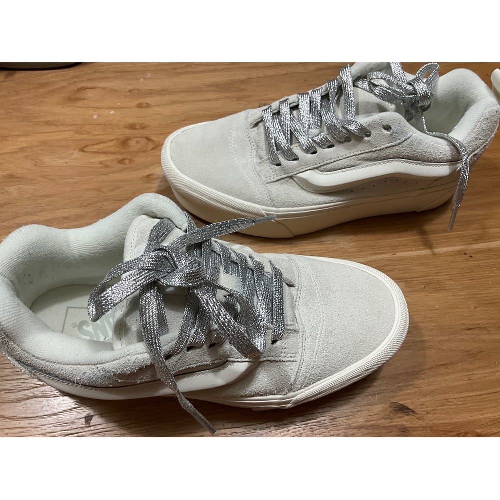 Vans Knu Skool Suede Sneakers Off White Cream Silver Glitter Laces Womens 8.5